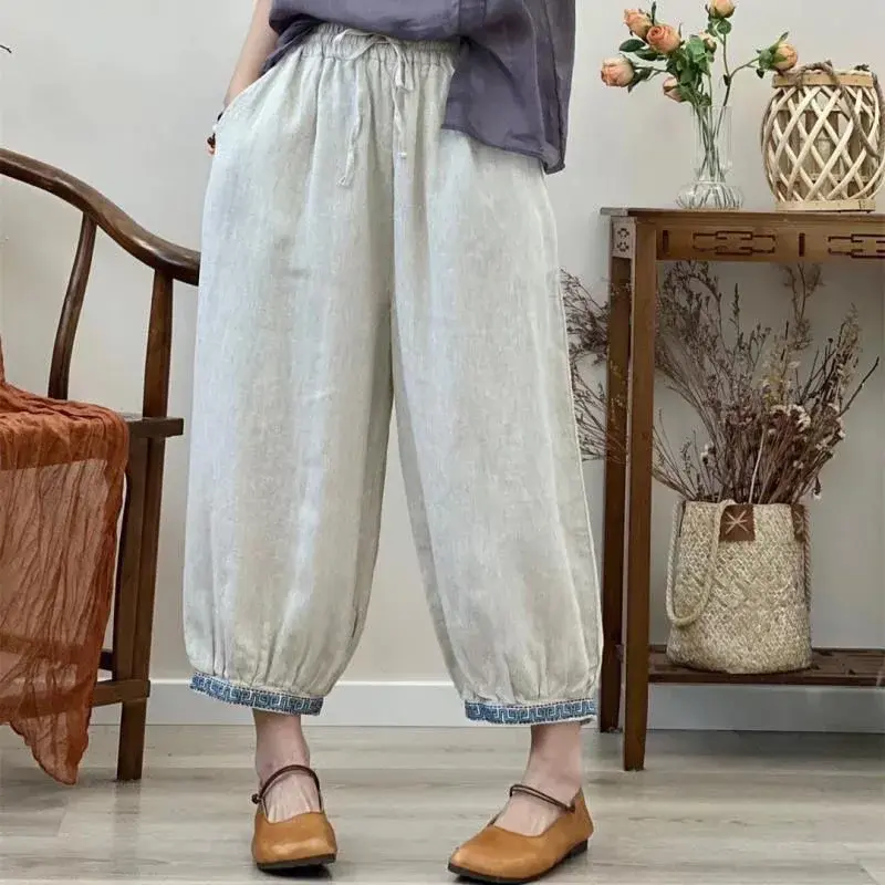 New Hot Sale Of The Season Women's Cotton Linen Nine-Piece Pants Embroidered Lantern Style Trendy Ethnic Minority Artistic Chine
