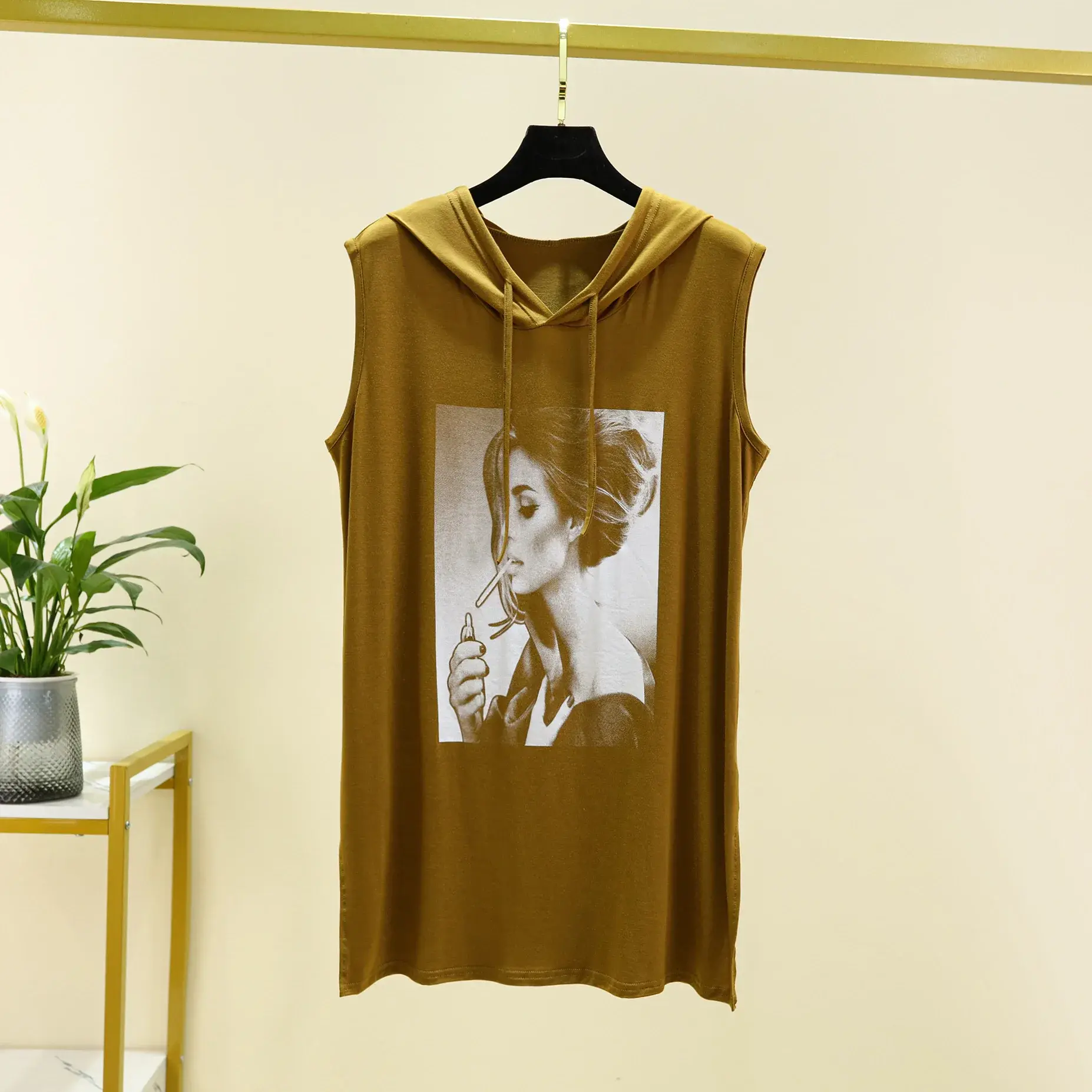 Modale Hooded Vest Women Spring Summer New Drawstring Sleeveless Midi Length Printed T-shirt Fashionable Waistcoat Base Shirt
