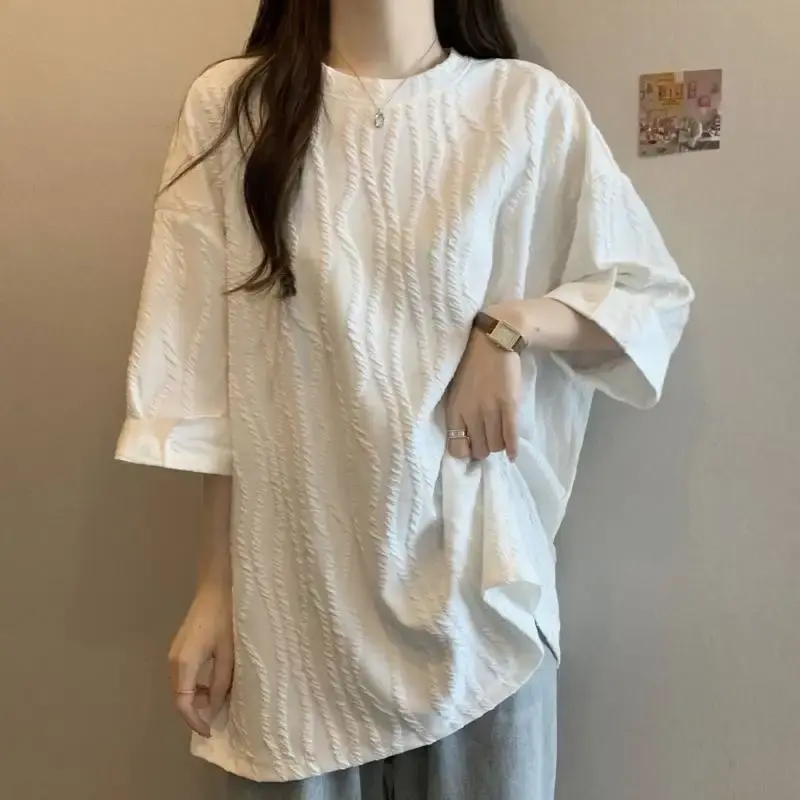 Loose Short Sleeve Shirt Women's Fashionable Splicing Top plus Size Textured Summer New Style Slimming Women's T-shirt