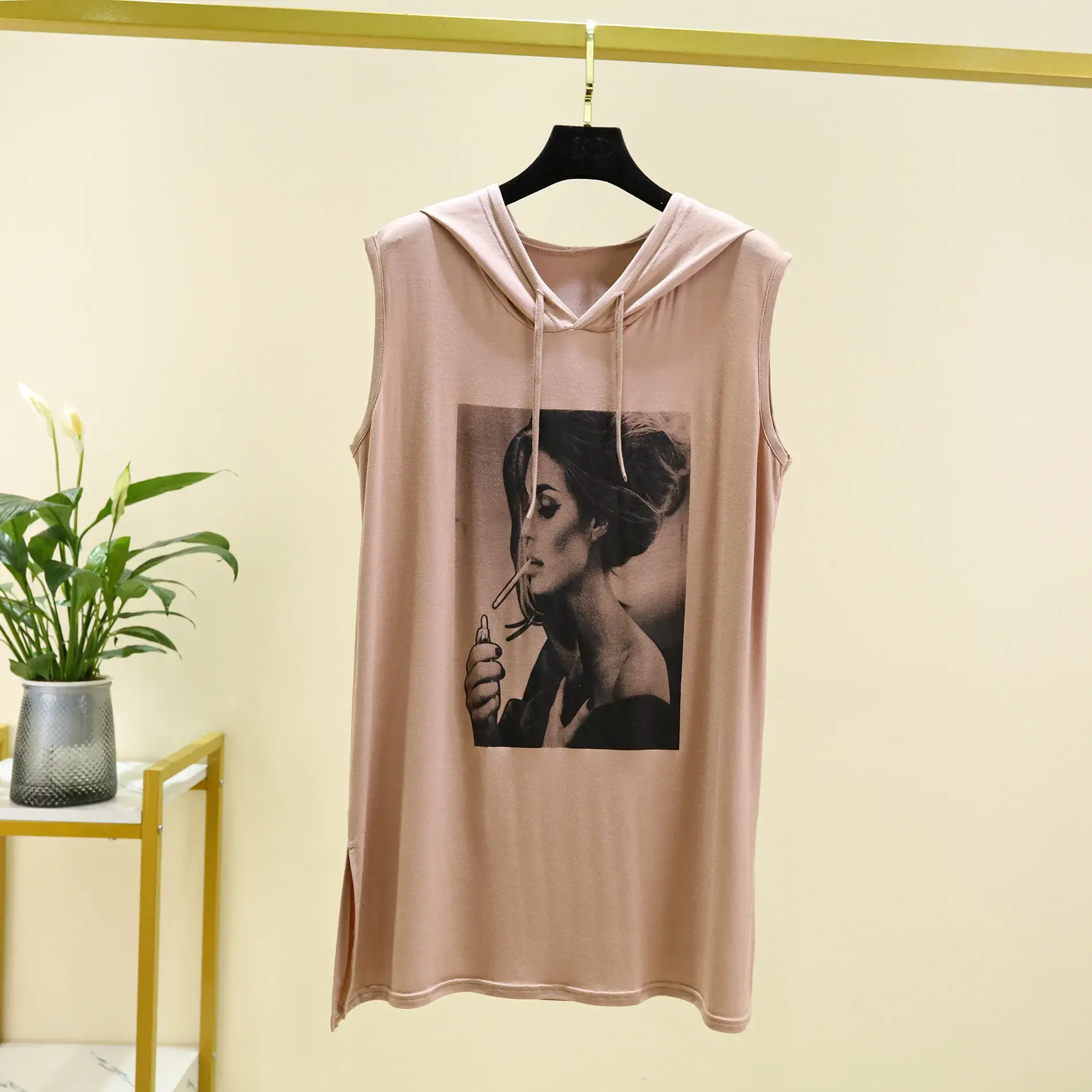 Modale Hooded Vest Women Spring Summer New Drawstring Sleeveless Midi Length Printed T-shirt Fashionable Waistcoat Base Shirt
