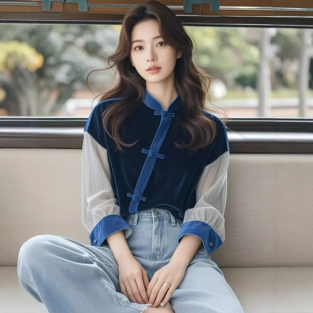 New 2024 Autumn Women's Blue Patchwork Shirt Chinese Style Light Maturity Design Sense Top High-End Feeling National Trend