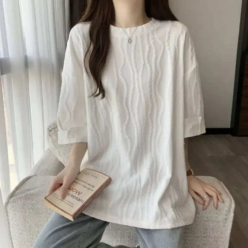 Loose Short Sleeve Shirt Women's Fashionable Splicing Top plus Size Textured Summer New Style Slimming Women's T-shirt