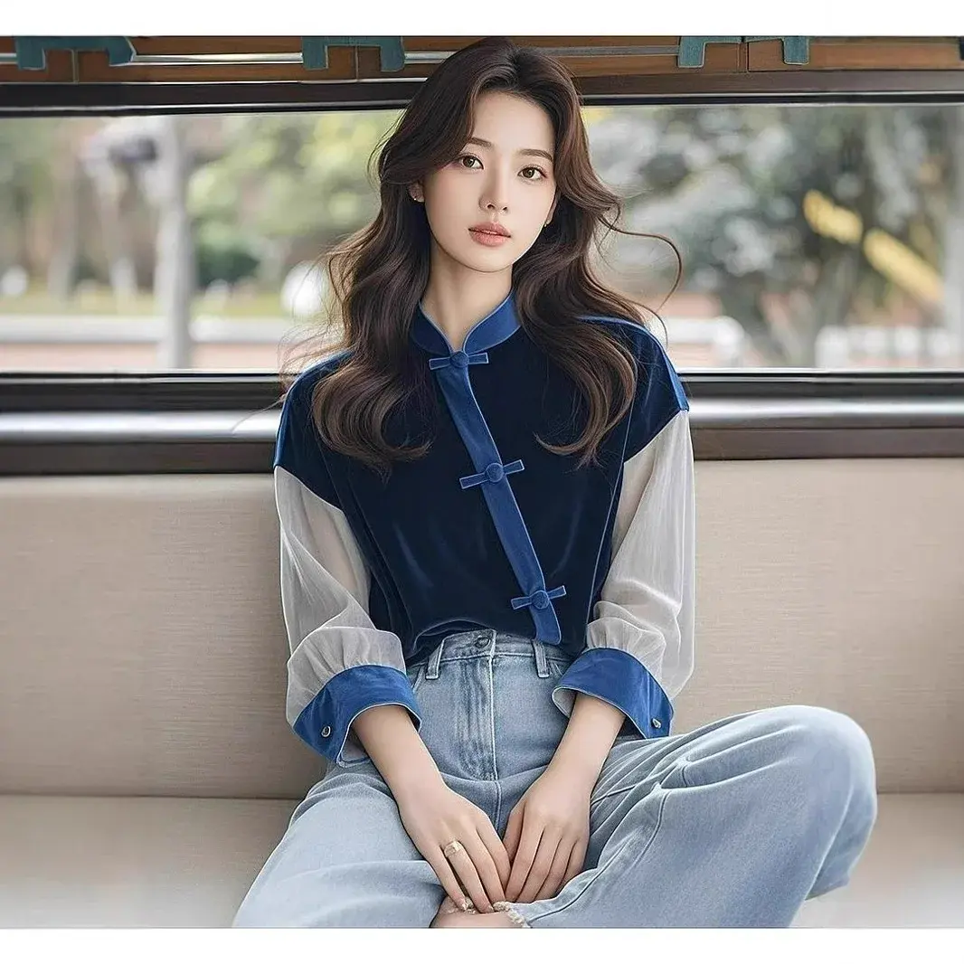 New 2024 Autumn Women's Blue Patchwork Shirt Chinese Style Light Maturity Design Sense Top High-End Feeling National Trend
