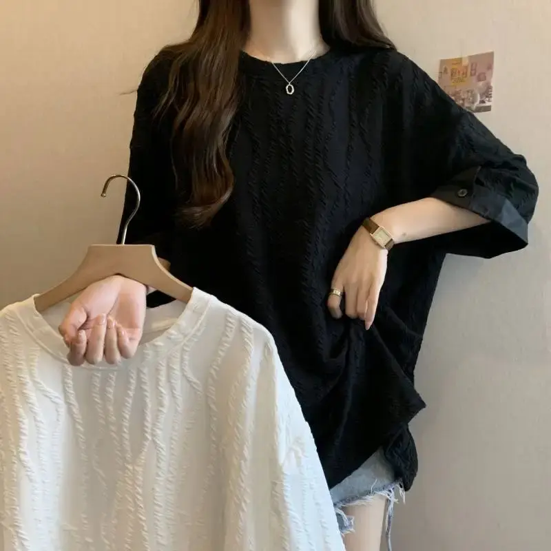 Loose Short Sleeve Shirt Women's Fashionable Splicing Top plus Size Textured Summer New Style Slimming Women's T-shirt