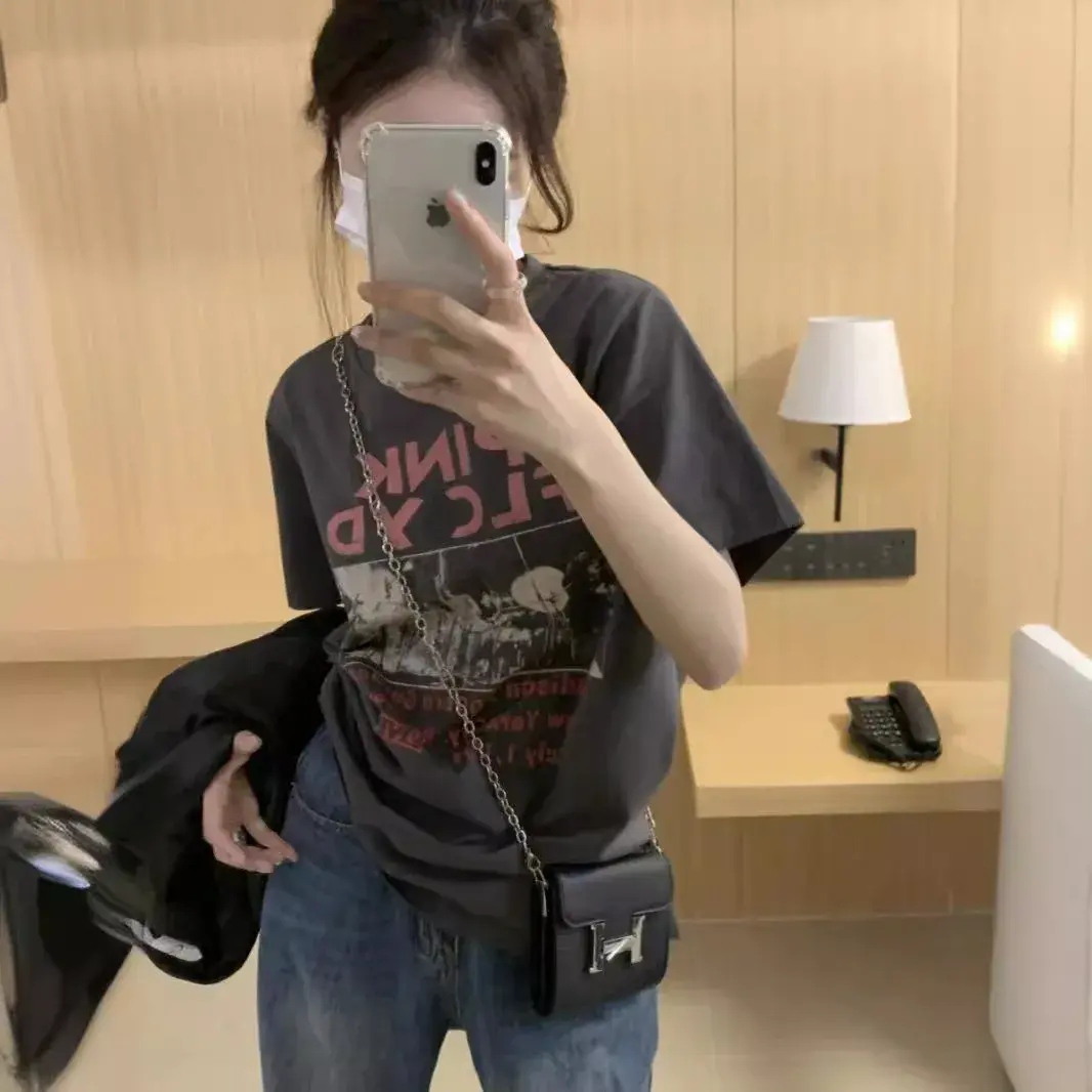 Plus Size Women's T-Shirt Short Sleeve Loose Casual round Neck Rock Print Vintage American Style for plus Size up to 300 Pounds