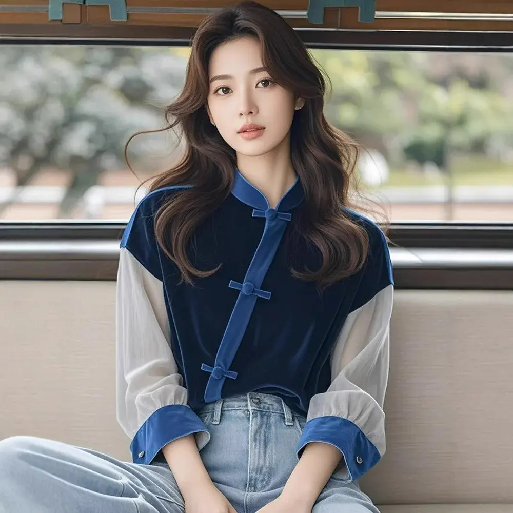 New 2024 Autumn Women's Blue Patchwork Shirt Chinese Style Light Maturity Design Sense Top High-End Feeling National Trend