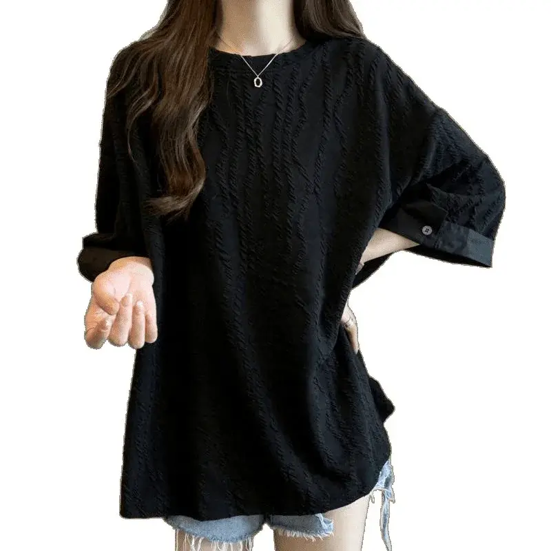 Loose Short Sleeve Shirt Women's Fashionable Splicing Top plus Size Textured Summer New Style Slimming Women's T-shirt