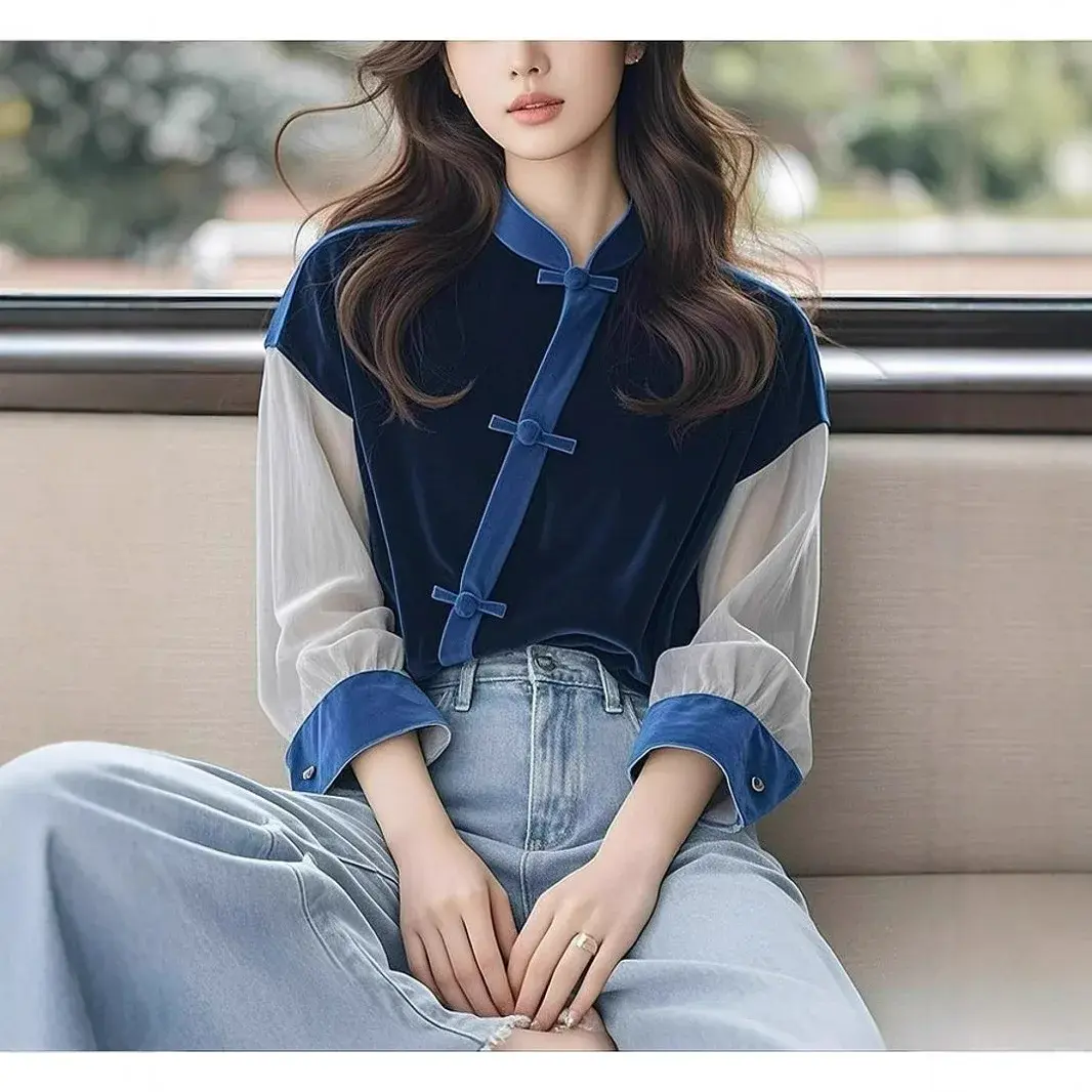 New 2024 Autumn Women's Blue Patchwork Shirt Chinese Style Light Maturity Design Sense Top High-End Feeling National Trend
