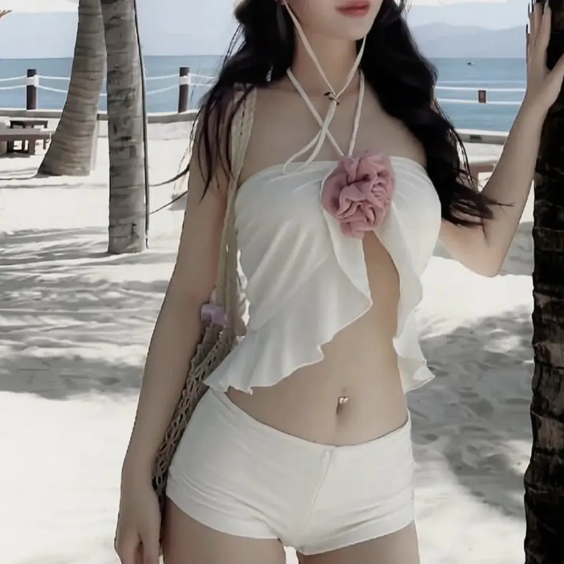 Pure Desire 2025 New Korean Style Bikini Women's Solid Color Wrap Neck Lace Hem Small Fragrance Flat Angle Hot Spring Swimsuit