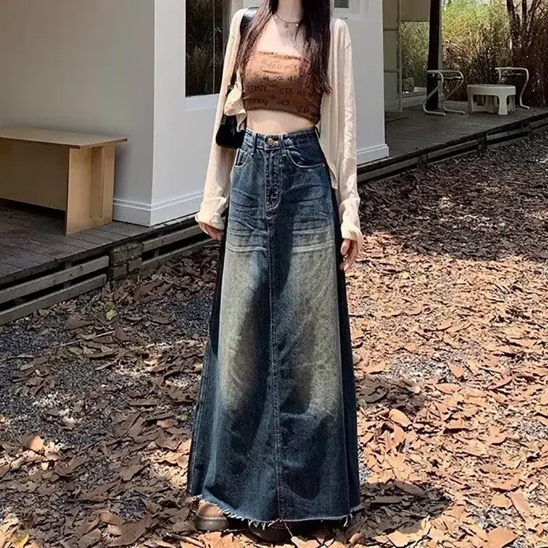 2407 Distressed Washing Denim Skirt Women's Spring Autumn Vintage Straight-leg A- line Design Sensibility Slimming Long Dress