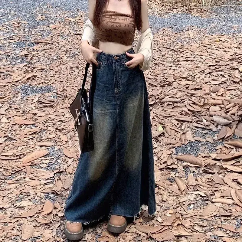 2407 Distressed Washing Denim Skirt Women's Spring Autumn Vintage Straight-leg A- line Design Sensibility Slimming Long Dress