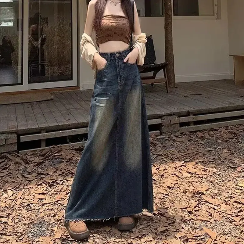 2407 Distressed Washing Denim Skirt Women's Spring Autumn Vintage Straight-leg A- line Design Sensibility Slimming Long Dress