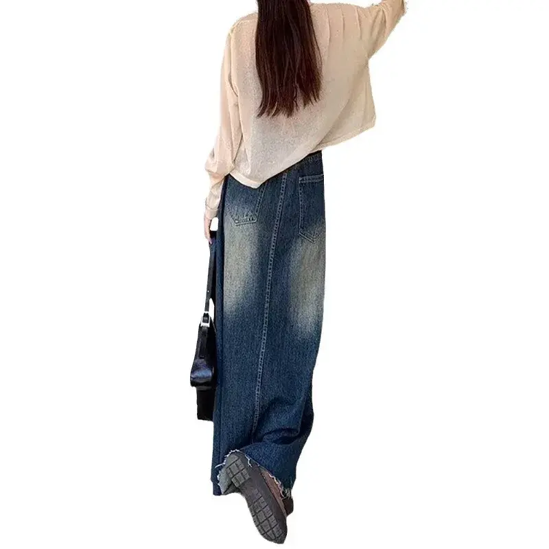 2407 Distressed Washing Denim Skirt Women's Spring Autumn Vintage Straight-leg A- line Design Sensibility Slimming Long Dress