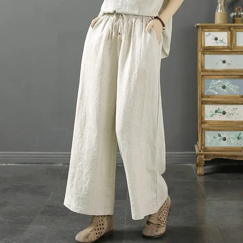 Summer Casual Cotton Linen Wide Leg Pants Elastic Waist Pure Color Women's Loose Fit Nine Point Pants Slimming Effect