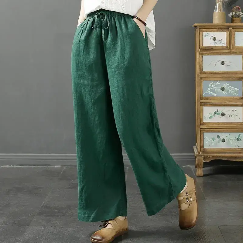 Summer Casual Cotton Linen Wide Leg Pants Elastic Waist Pure Color Women's Loose Fit Nine Point Pants Slimming Effect