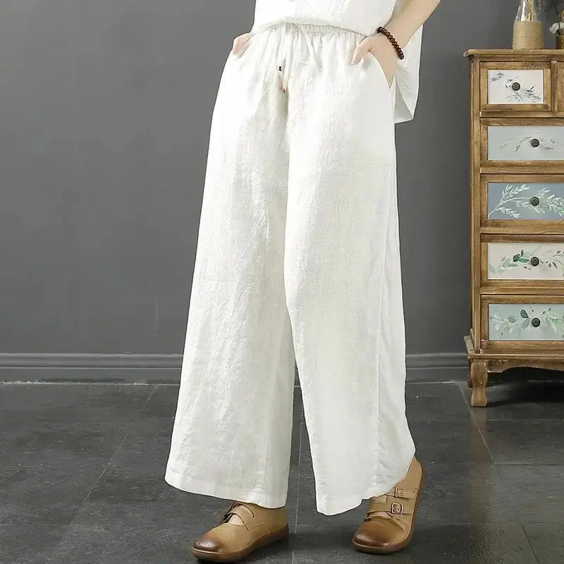 Summer Casual Cotton Linen Wide Leg Pants Elastic Waist Pure Color Women's Loose Fit Nine Point Pants Slimming Effect