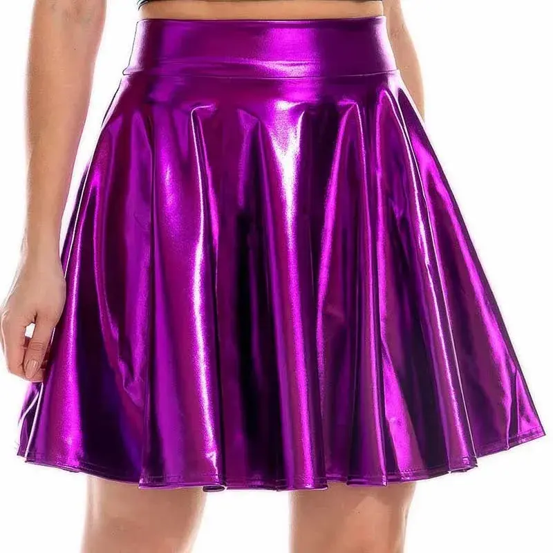 Amazon Cross-Border Women's Mini Dress Metal Shiny Patent Leather Gold-Embellished Mini Umbrella Skirt Club Party Performance Dr