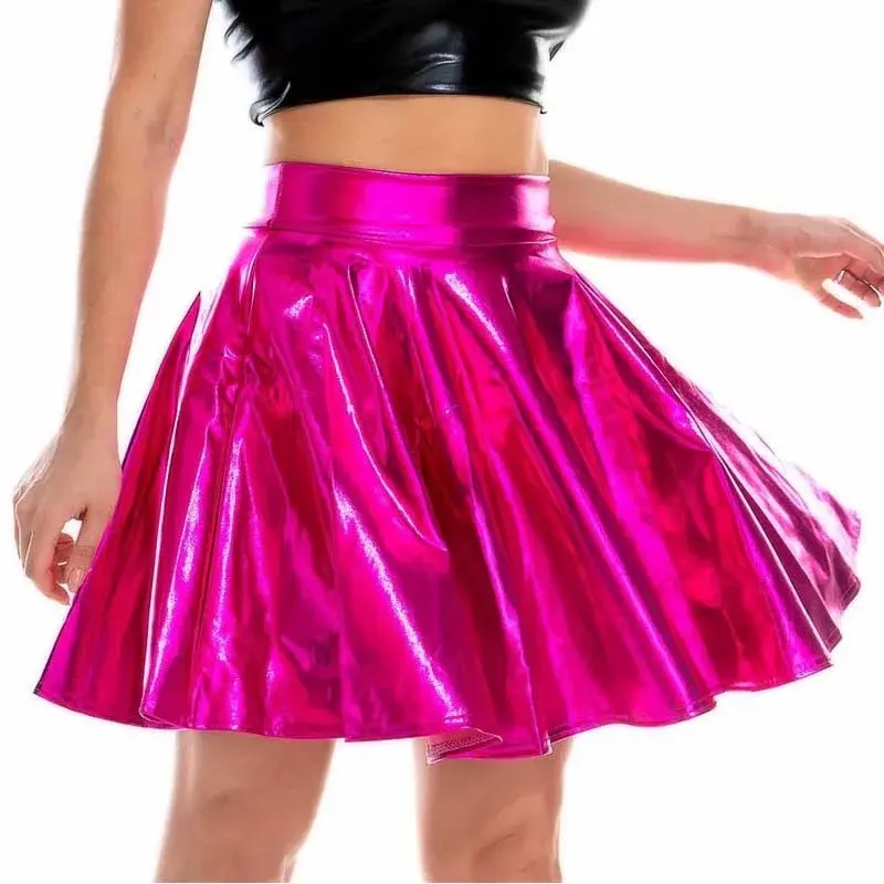 Amazon Cross-Border Women's Mini Dress Metal Shiny Patent Leather Gold-Embellished Mini Umbrella Skirt Club Party Performance Dr