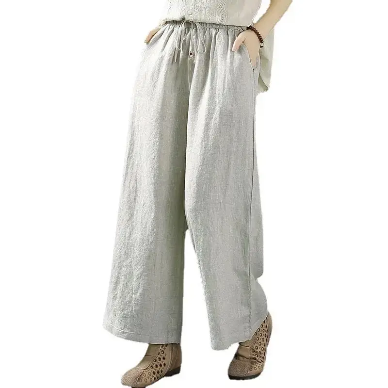Summer Casual Cotton Linen Wide Leg Pants Elastic Waist Pure Color Women's Loose Fit Nine Point Pants Slimming Effect