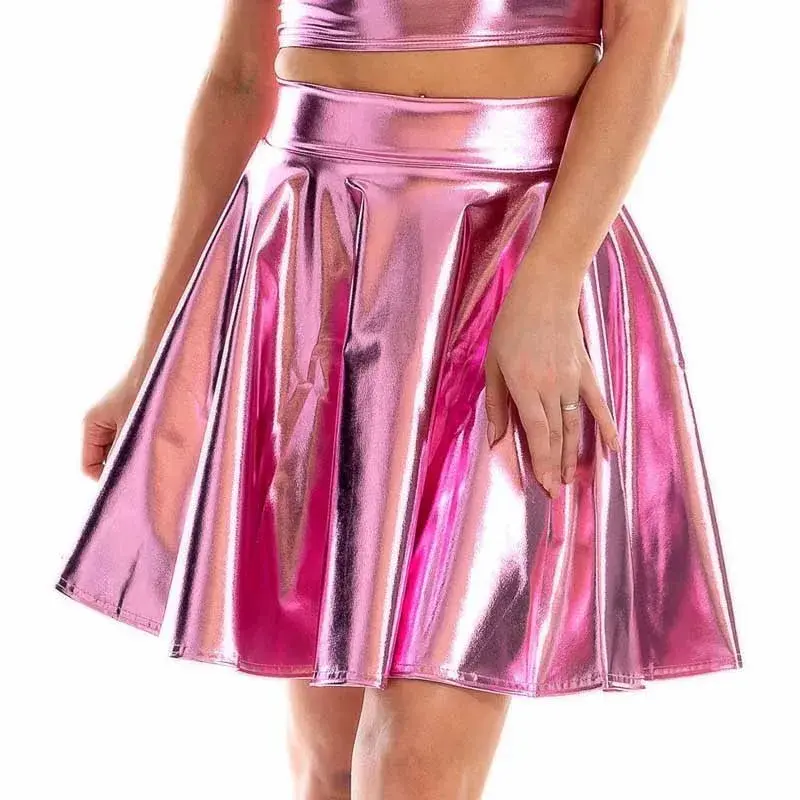 Amazon Cross-Border Women's Mini Dress Metal Shiny Patent Leather Gold-Embellished Mini Umbrella Skirt Club Party Performance Dr