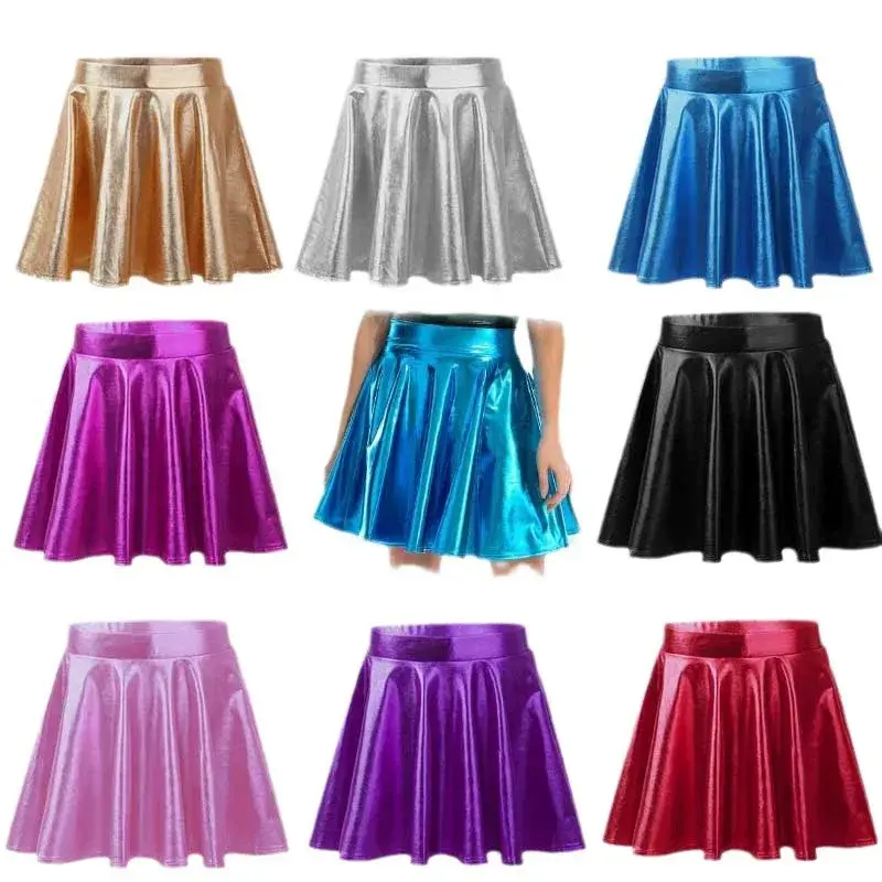Amazon Cross-Border Women's Mini Dress Metal Shiny Patent Leather Gold-Embellished Mini Umbrella Skirt Club Party Performance Dr