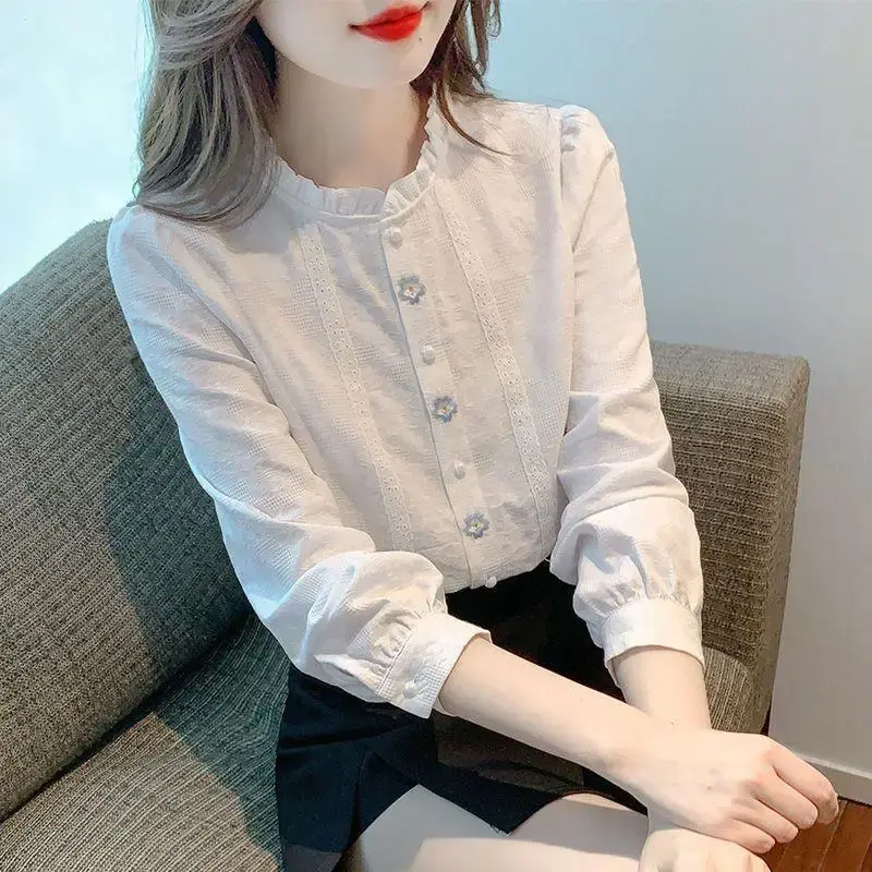 Wood Ear Necklace Shirt Women's Summer 2024 Korean Style New Embroidery Jacquard Top Loose-Fit Long Sleeve Top Shirt