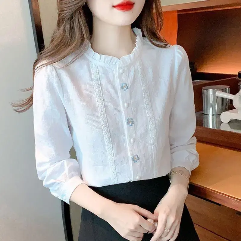 Wood Ear Necklace Shirt Women's Summer 2024 Korean Style New Embroidery Jacquard Top Loose-Fit Long Sleeve Top Shirt
