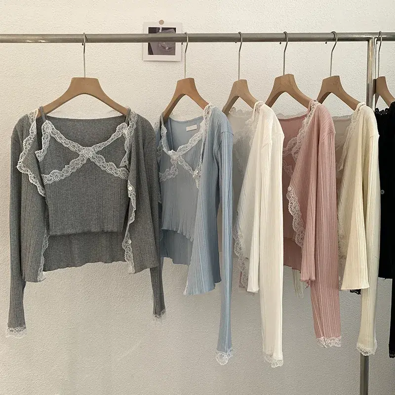Spring Sweet Lace Trim Open Cardigan Inner Lace Splicing Tank Top Two-Piece Set Cotton Crew Neck Full Sleeve Women's T-Shirt