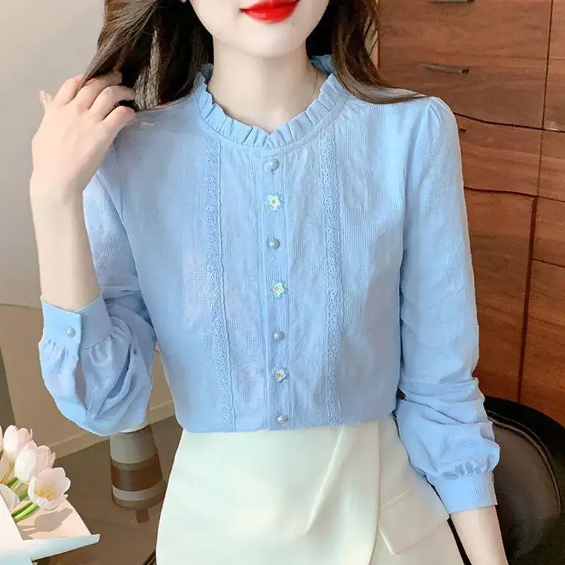 Wood Ear Necklace Shirt Women's Summer 2024 Korean Style New Embroidery Jacquard Top Loose-Fit Long Sleeve Top Shirt