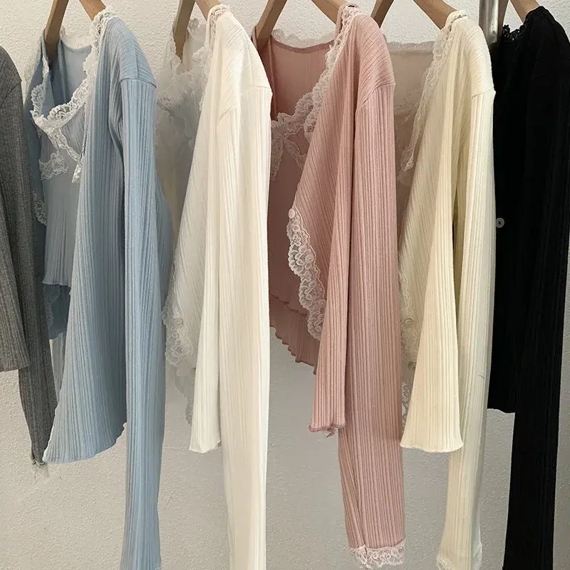 Spring Sweet Lace Trim Open Cardigan Inner Lace Splicing Tank Top Two-Piece Set Cotton Crew Neck Full Sleeve Women's T-Shirt