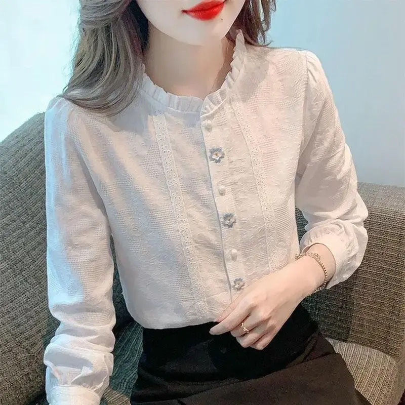 Wood Ear Necklace Shirt Women's Summer 2024 Korean Style New Embroidery Jacquard Top Loose-Fit Long Sleeve Top Shirt