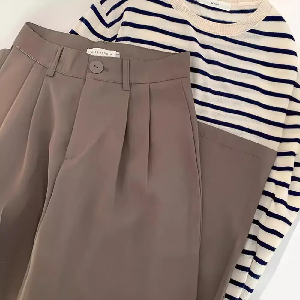 Spring Season High-Waisted Black Women's Loose-Fit Straight-Leg Draped Pants Trendy Casual Style Bell Bottoms Floor-Length Trous