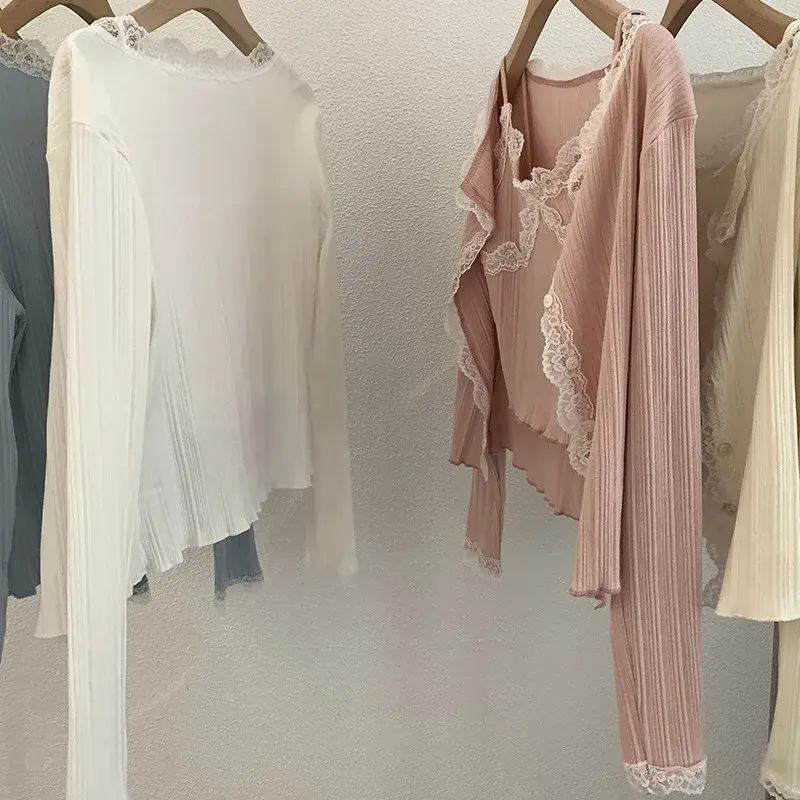 Spring Sweet Lace Trim Open Cardigan Inner Lace Splicing Tank Top Two-Piece Set Cotton Crew Neck Full Sleeve Women's T-Shirt