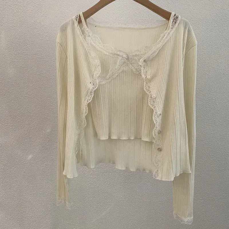 Spring Sweet Lace Trim Open Cardigan Inner Lace Splicing Tank Top Two-Piece Set Cotton Crew Neck Full Sleeve Women's T-Shirt