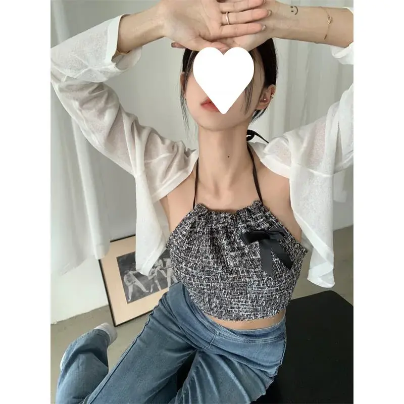 2022 Spring Summer Socialite Style Open-Back Halter Neck Bow Tie Design Women's Tank Top Base Butterfly Knot Decoration