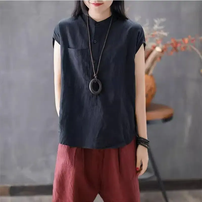 2024 New Artistic Cotton Linen Shirt Women's Loose Fit Stand Collar Casual Solid Color T-Shirt Sleeveless For Summer