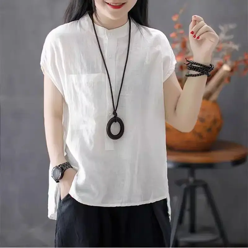 2024 New Artistic Cotton Linen Shirt Women's Loose Fit Stand Collar Casual Solid Color T-Shirt Sleeveless For Summer