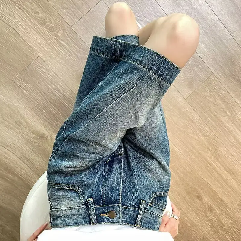 High Waist Wide Leg Vintage Distressed Loose Fit Short Jeans Women's Summer Denim Patchwork Design Straight Cut Trousers
