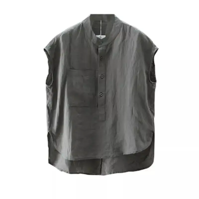 2024 New Artistic Cotton Linen Shirt Women's Loose Fit Stand Collar Casual Solid Color T-Shirt Sleeveless For Summer