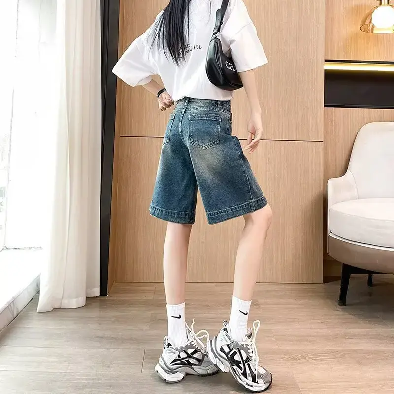High Waist Wide Leg Vintage Distressed Loose Fit Short Jeans Women's Summer Denim Patchwork Design Straight Cut Trousers