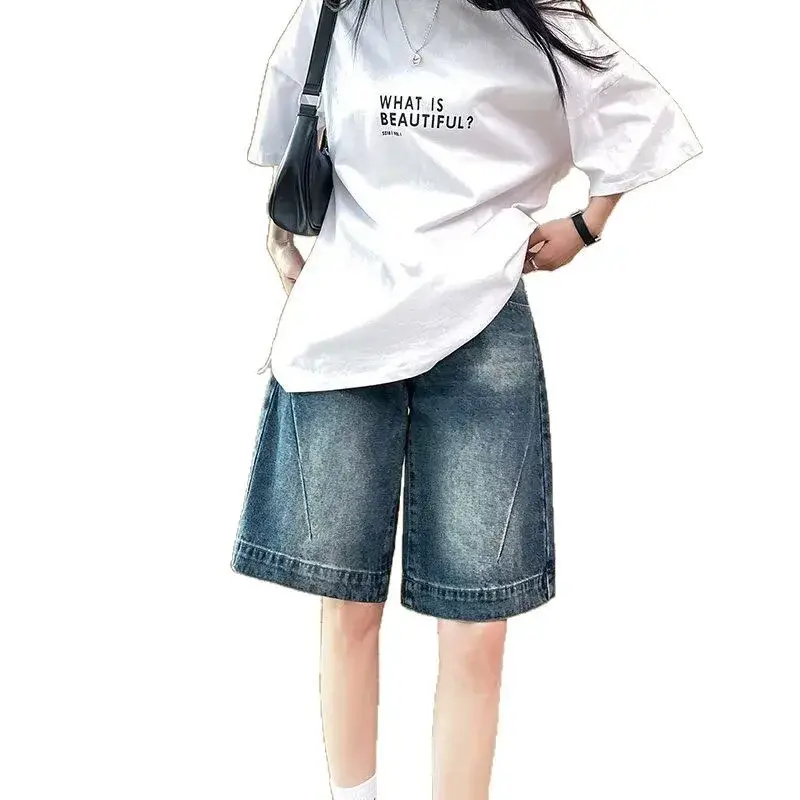 High Waist Wide Leg Vintage Distressed Loose Fit Short Jeans Women's Summer Denim Patchwork Design Straight Cut Trousers