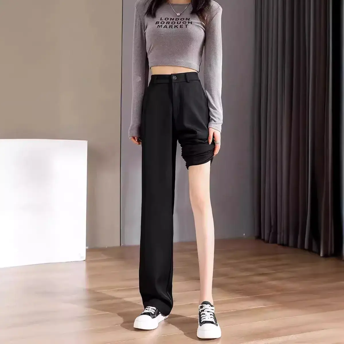 Slimming Wide Leg Pants Women Summer Elegant Long Trousers Draping Suit Pants Small Size Casual Floor Length Straight Leg Trouse