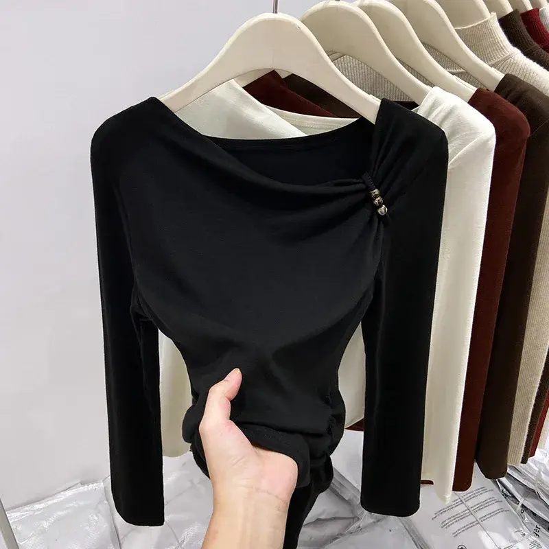 Korean-Style Off-Shoulder Long-Sleeve T-Shirt Women's Autumn/Winter New-Arrival Ruched Waist-Fitted Top High-End Feel Base Layer
