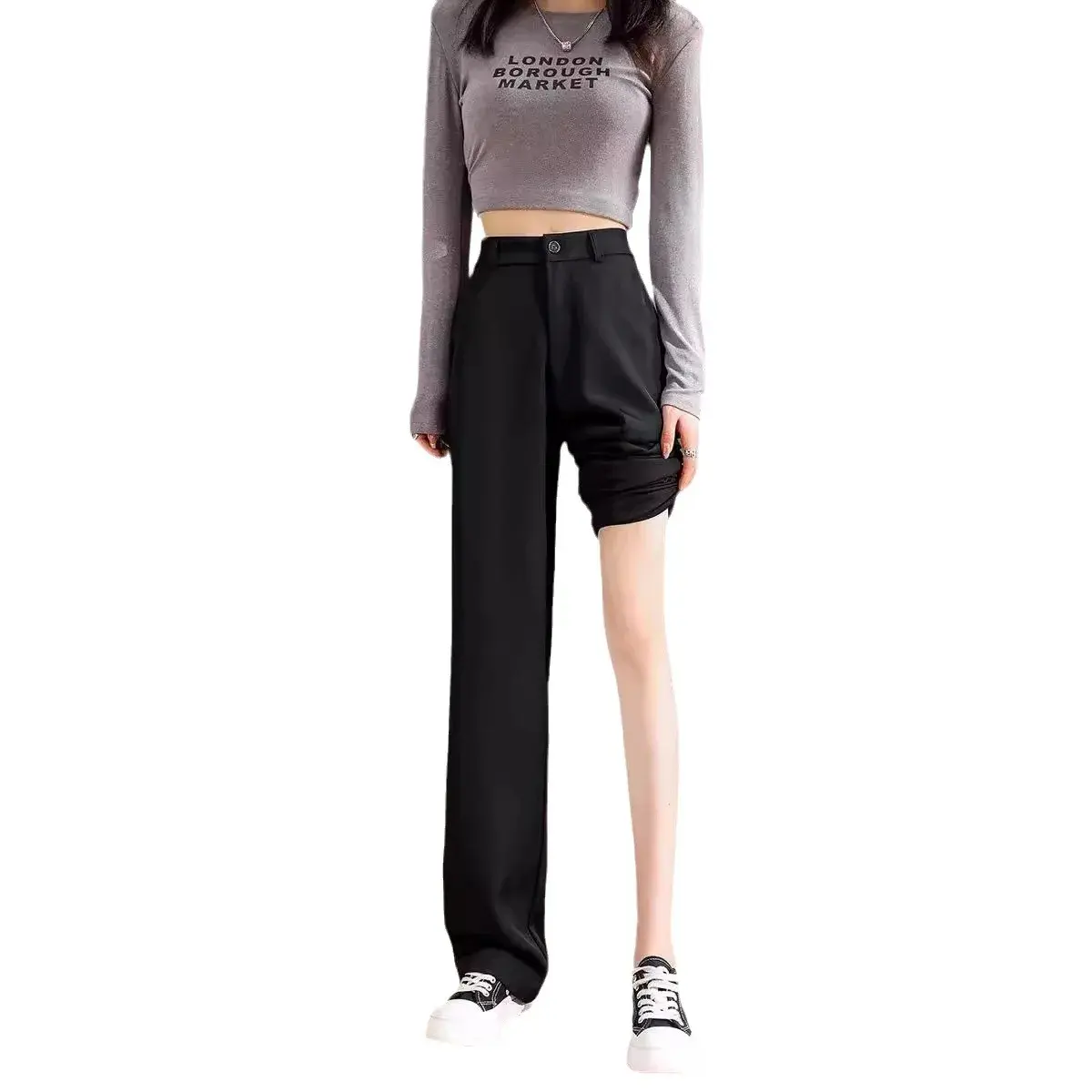 Slimming Wide Leg Pants Women Summer Elegant Long Trousers Draping Suit Pants Small Size Casual Floor Length Straight Leg Trouse