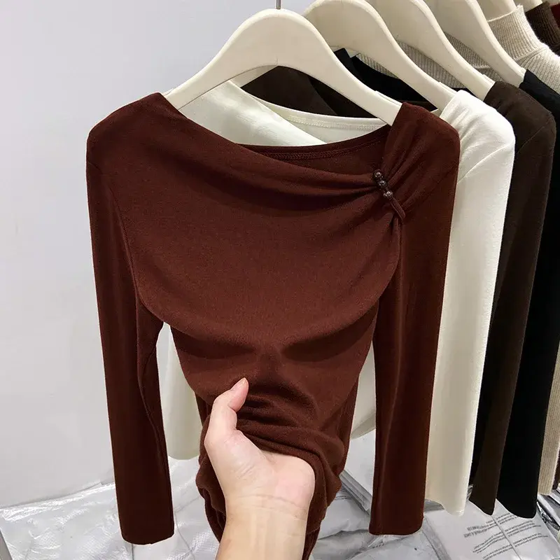 Korean-Style Off-Shoulder Long-Sleeve T-Shirt Women's Autumn/Winter New-Arrival Ruched Waist-Fitted Top High-End Feel Base Layer