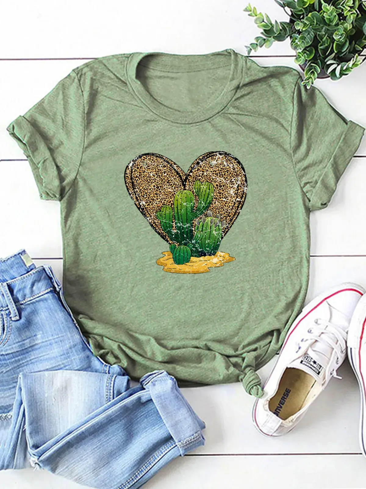 Short Sleeve T-Shirt Heart Cactus Pattern Print Street Style Casual Top for Young Women under 24 Years Old Polyamide Material