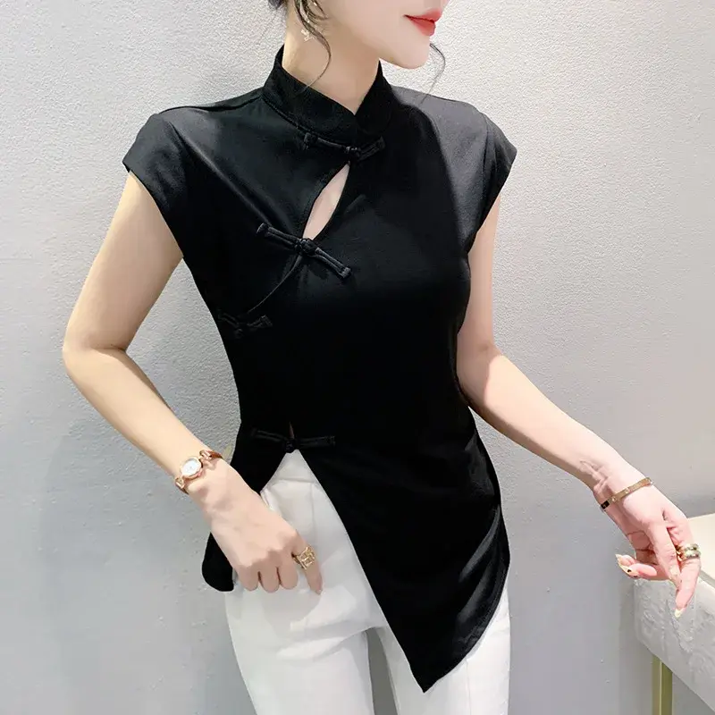 New Chinese Style T-Shirt Women's Summer Short Sleeve Irregular Button Unique Attractive Small Shirt Fashionable Casual Top