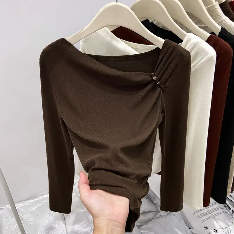 Korean-Style Off-Shoulder Long-Sleeve T-Shirt Women's Autumn/Winter New-Arrival Ruched Waist-Fitted Top High-End Feel Base Layer