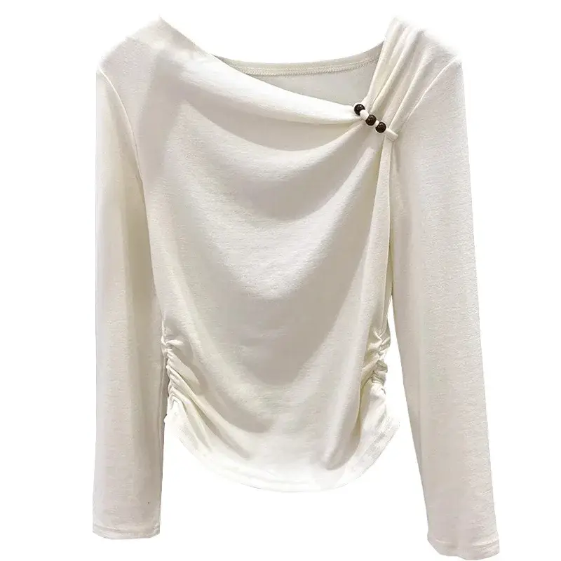 Korean-Style Off-Shoulder Long-Sleeve T-Shirt Women's Autumn/Winter New-Arrival Ruched Waist-Fitted Top High-End Feel Base Layer