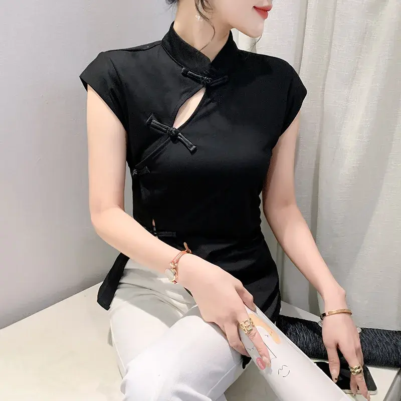 New Chinese Style T-Shirt Women's Summer Short Sleeve Irregular Button Unique Attractive Small Shirt Fashionable Casual Top